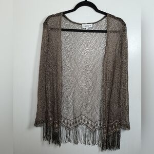 Harlow Women Brown Metallic Thread Open-Knit Cardigan Chevron Fringe Hem Size 16